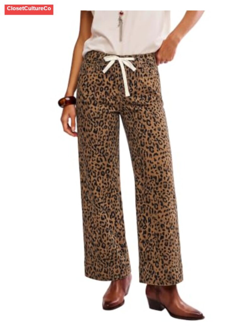 Wide Leg High Waisted Stretch Denim Jeans Drawstring Animal Print
